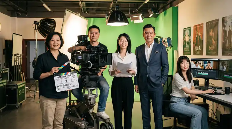 神秘视频专业影视制作团队在现代化摄影棚中合影，展示导演、摄影师、编剧、制片人和剪辑师