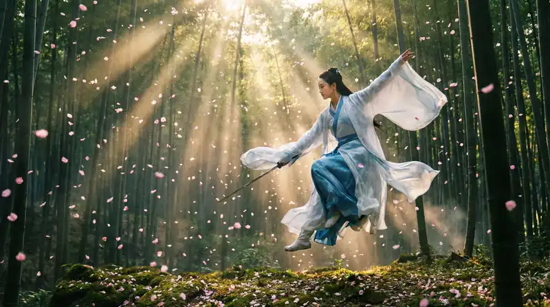 神秘视频精彩影片预告片画面，竹林中女侠飞身舞剑
